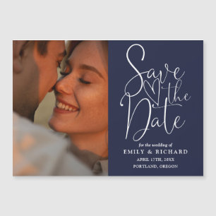 Convite Magnético Foto Azul Marinho Elegante Casamento Salvar a Data