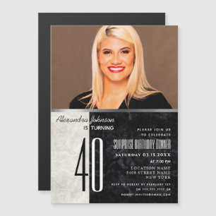 Convite Magnético Foto de Aniversário de 40 anos Preto e Branco