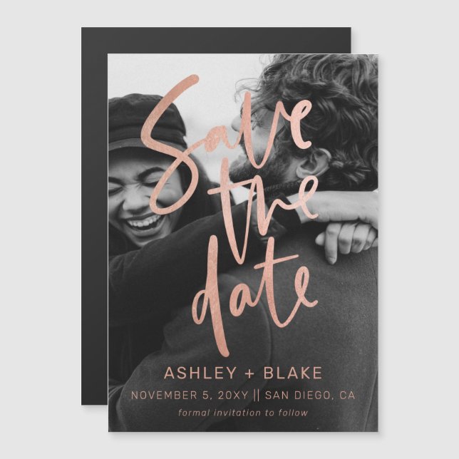 Convite Magnético Foto de caligrafia rosa Dourada Salvar a Data (Frente/Verso)