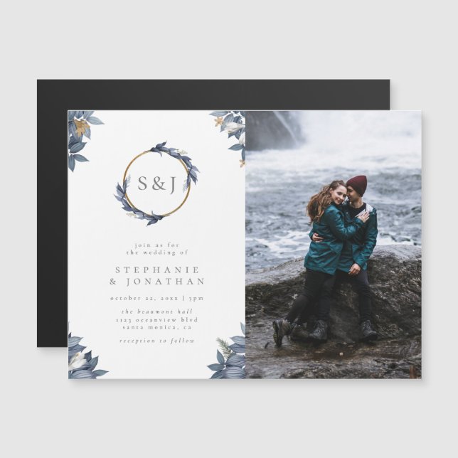 Convite Magnético Foto de casamento do Monograma de Terra Azul e Gli (Frente/Verso)