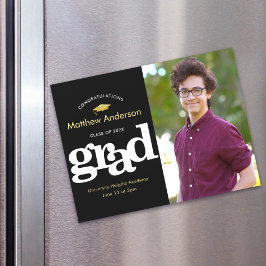 Convite Magnético Foto de Graduação Dourada Tipografia Preta Branca 