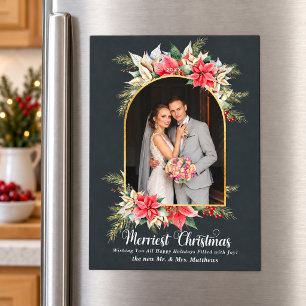 Convite Magnético Foto de Poinsettia em Carvão Natal Recém-Casados