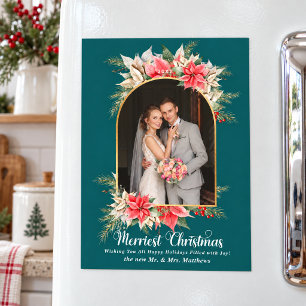 Convite Magnético Foto de Poinsettia Natal Casamento Azul Rustico
