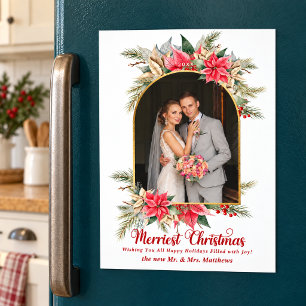 Convite Magnético Foto de Poinsettia Natal Recém-Casados Rustico