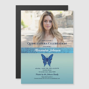 Convite Magnético Foto de Quinceañera com Brilho Azul