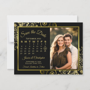 Convite Magnético Foto do Calendário Preto e Dourado Luxuoso Salvar 