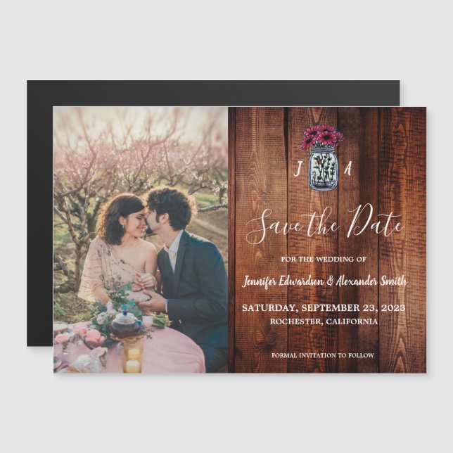 Convite Magnético Foto do monograma de madeira Rústica Mason jar Sal (Frente/Verso)