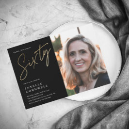 Convite Magnético Foto Dourada Mínima de Script Preto Foto 60º Anive