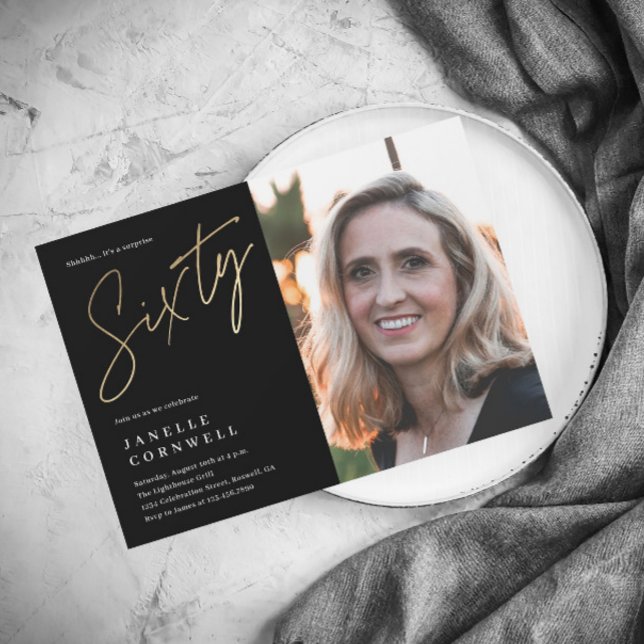 Convite Magnético Foto Dourada Mínima de Script Preto Foto 60º Anive (Criador carregado)
