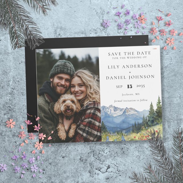 Convite Magnético Foto Floral Montanhesa de Casamento Save The Date (Mountain Floral Photo Wedding Save The Date Magnetic Invitation)