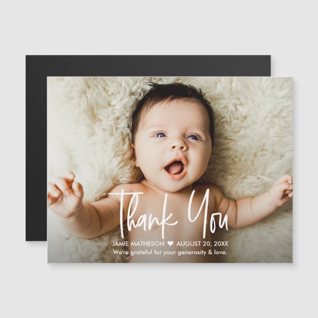 Convite Magnético Foto Horizontal Moderna Bebê de agradecimento Sobr (Frente/Verso)