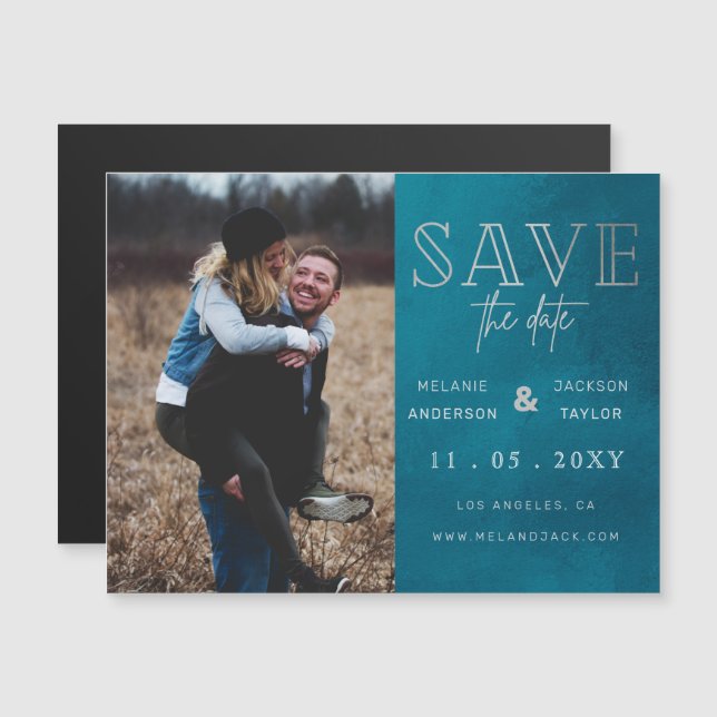 Convite Magnético Foto manuscrita Na moda azul Salve a data (Frente/Verso)