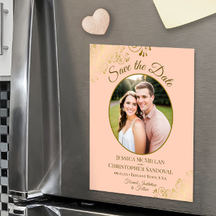 Convite Magnético Foto Oval Elegante de Casamento em Pêssego e Doura