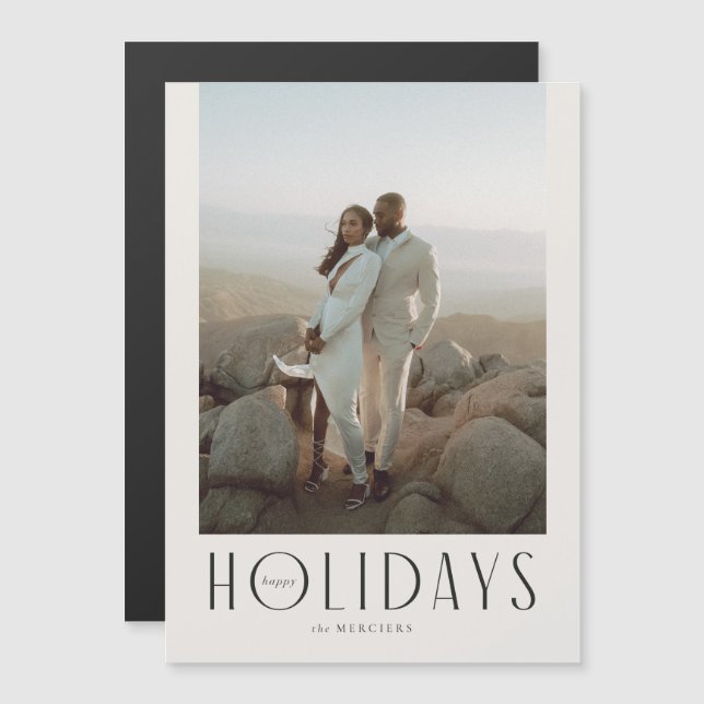 Convite Magnético Foto sofisticada de feriados felizes em Creme e Pr (Frente/Verso)