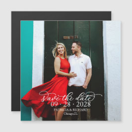Convite Magnético Fotografia de Caligrafia Chic para Casamento Save