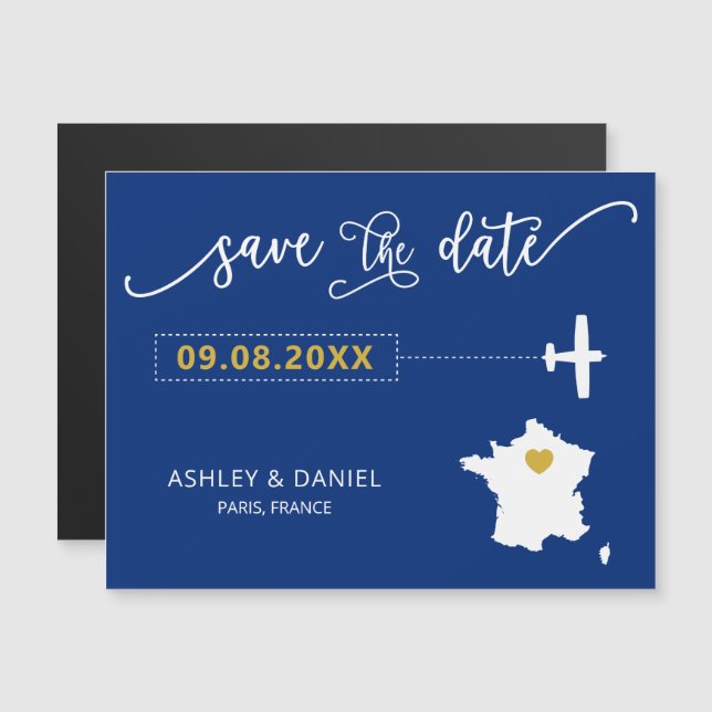 Convite Magnético França Wedding Save the Date Card, Map (Frente/Verso)