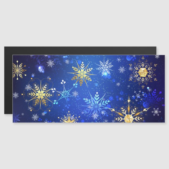 Convite Magnético Fundo Azul XMAS com Flocos de Neve Ouro (Frente/Verso)