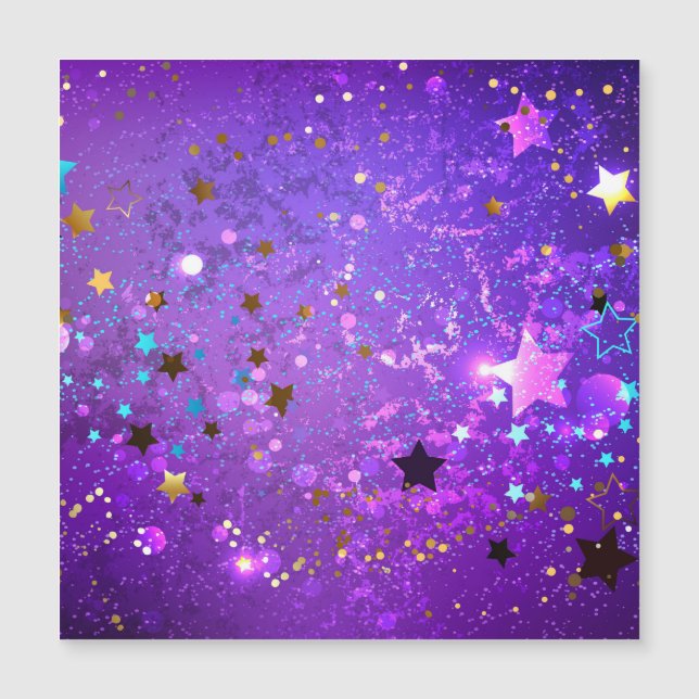 Convite Magnético Fundo de folhas roxas com estrelas (Frente)