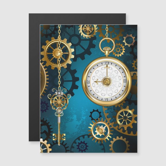 Convite Magnético Fundo turquesa de Steampunk com Engrenagens (Frente/Verso)