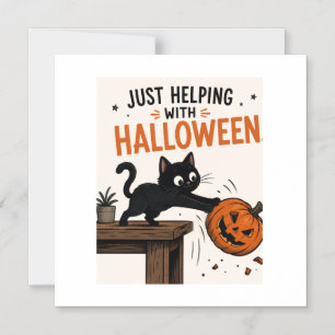 Convite Magnético Gato Preto Engraçado Derrubando Abóbora de Hallowe