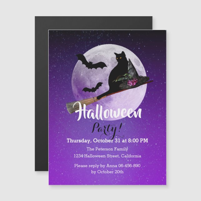 Convite Magnético Gato preto lua cheia roxo festa de Halloween (Frente/Verso)