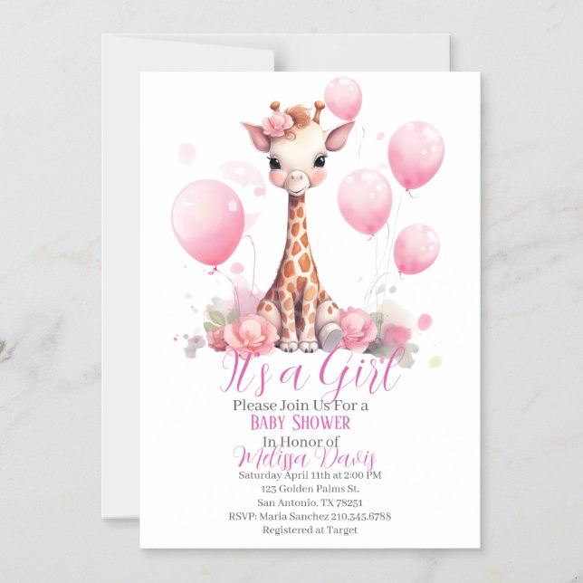 Convite Magnético Giraffe Girl Baby Shower Invitation (Frente)