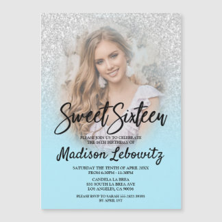 Convite Magnético Glam Baby Blue & Glitter Sweet 16 Photo Invite