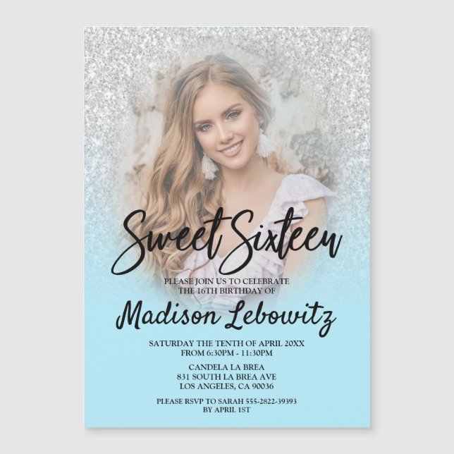 Convite Magnético Glam Baby Blue & Glitter Sweet 16 Photo Invite (Frente)