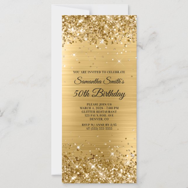 Convite Magnético Glittery Brushing Gold Foil 50th Birthday (Frente)