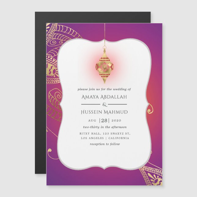 Convite Magnético Gold Foil Arabian Bollywood Wedding (Frente/Verso)