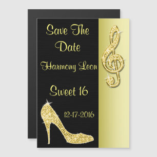 Convite Magnético Gold Stiletto & Treble Cleft 16º Save The Date