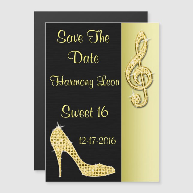 Convite Magnético Gold Stiletto & Treble Cleft 16º Save The Date (Frente/Verso)