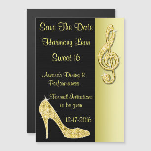 Convite Magnético Gold Stiletto & Treble Cleft 16º Save The Date