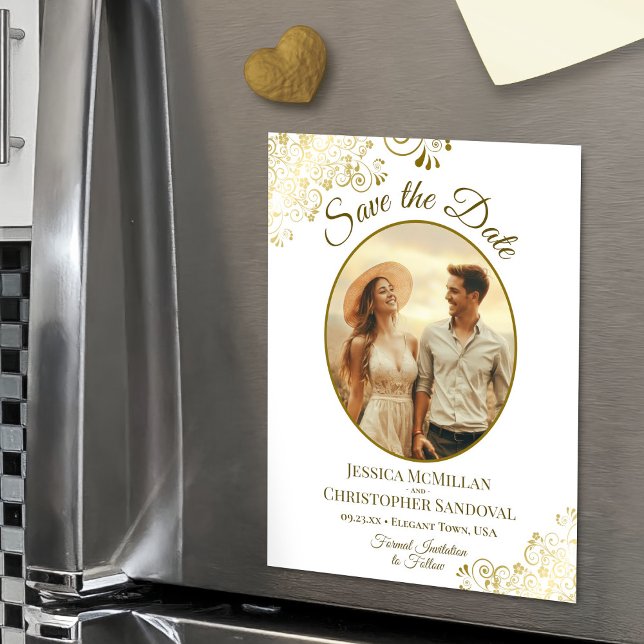 Convite Magnético Gold & White Elegant Wedding Save Date Oval Photo (Magnetic Back for Easy Display!)