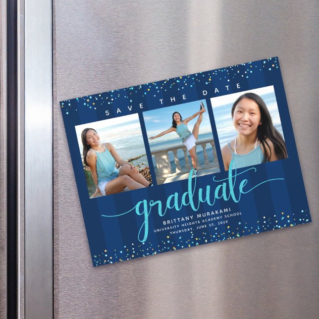 Convite Magnético Graduação 3 Marinho de Foto Azul Salvar o Moderno  (Criador carregado)