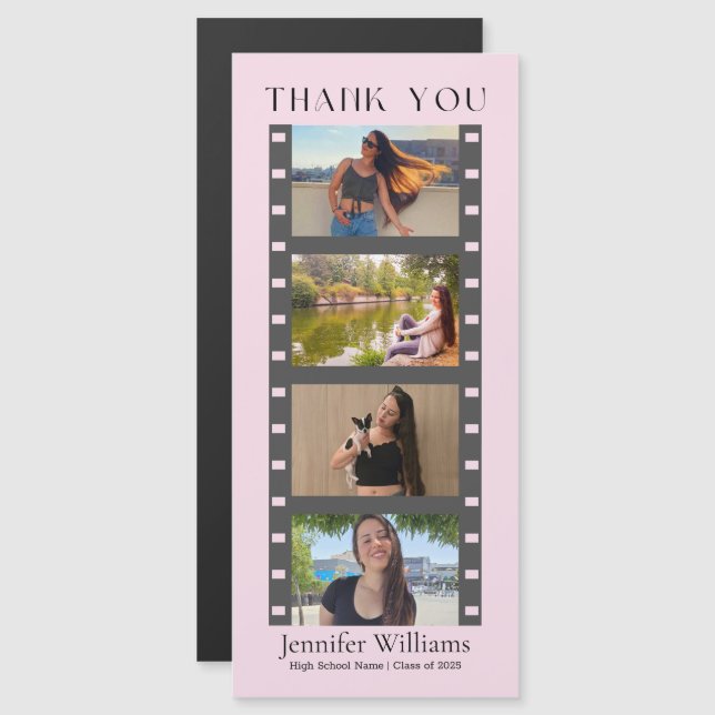 Convite Magnético graduação 4 fotos, obrigado seu íman rosa (Frente/Verso)