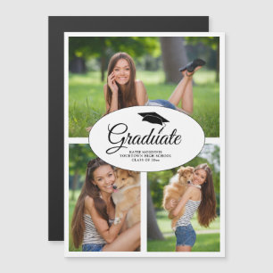 Convite Magnético Graduação Branca Moderna 3 Colagem de Fotos Classe