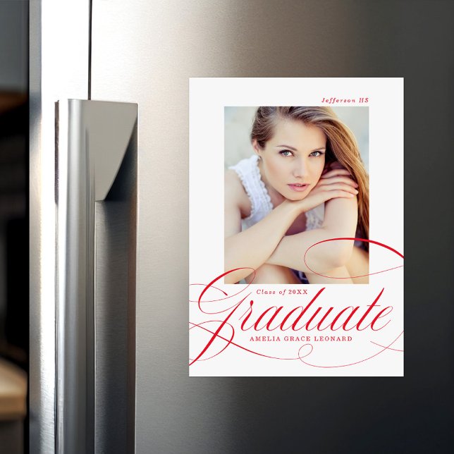 Convite Magnético Graduação de Fotos de Script de Caligrafia Vermelh (Criador carregado)