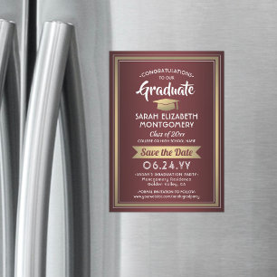 Convite Magnético Graduação Salva a Data Borgonha Vermelha Dourada