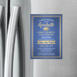 Convite Magnético Graduação Salva a data com escovação Real Azul e D<br><div class="desc">Compartilhe as notícias alegres da sua próxima festa de formatura com estas elegantes folhas azuis, brancas e falsas em ouro, salvando os convites magnéticos de data. Todo texto é simples de personalizar. As costas magnéticas facilitam a exibição da família e dos amigos. Design apresenta folha metálica falsa dourada, caligrafia de...</div>