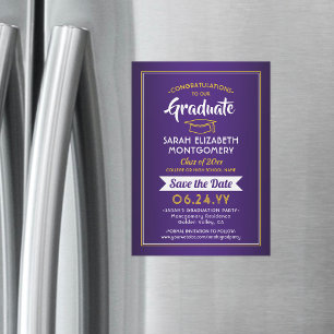 Convite Magnético Graduação Salva a Data Púrpura e Dourado Amarel