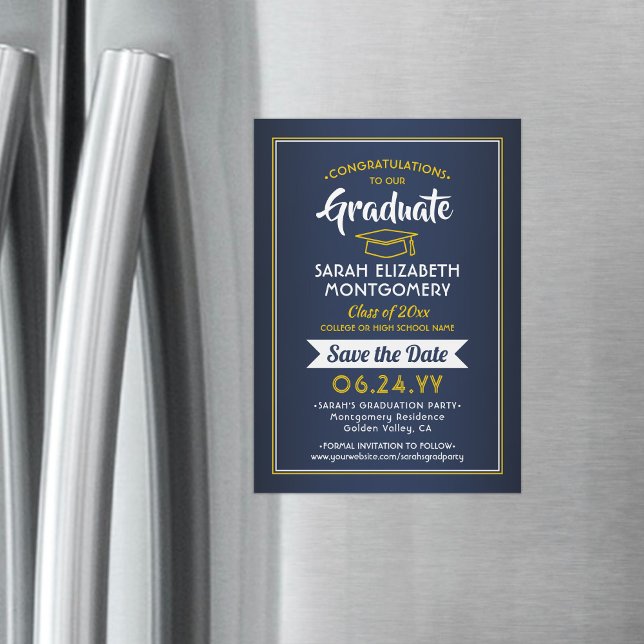 Convite Magnético Graduação Salvar a Data Marinho Azul e Amarelo Dou (Criador carregado)