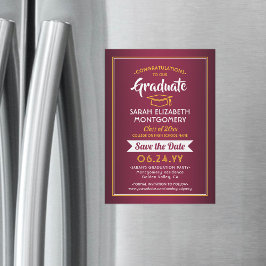 Convite Magnético Graduação Salvar a Data Marrom Vermelho e Dourado 