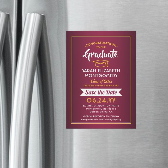 Convite Magnético Graduação Salvar a Data Marrom Vermelho e Dourado  (Criador carregado)