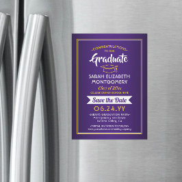 Convite Magnético Graduação Salvar a Data Púrpura e Dourado Amarelo