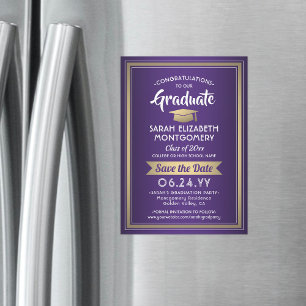 Convite Magnético Graduação Salve a Data Elegante de branco roxo D