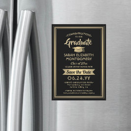 Convite Magnético Graduação Salve a Data Elegante Preto e Dourado