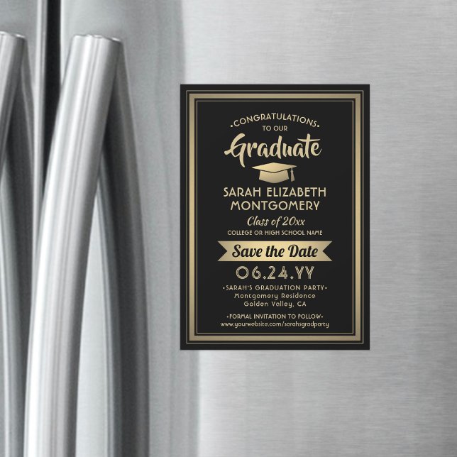 Convite Magnético Graduação Salve a Data Elegante Preto e Dourado (Criador carregado)