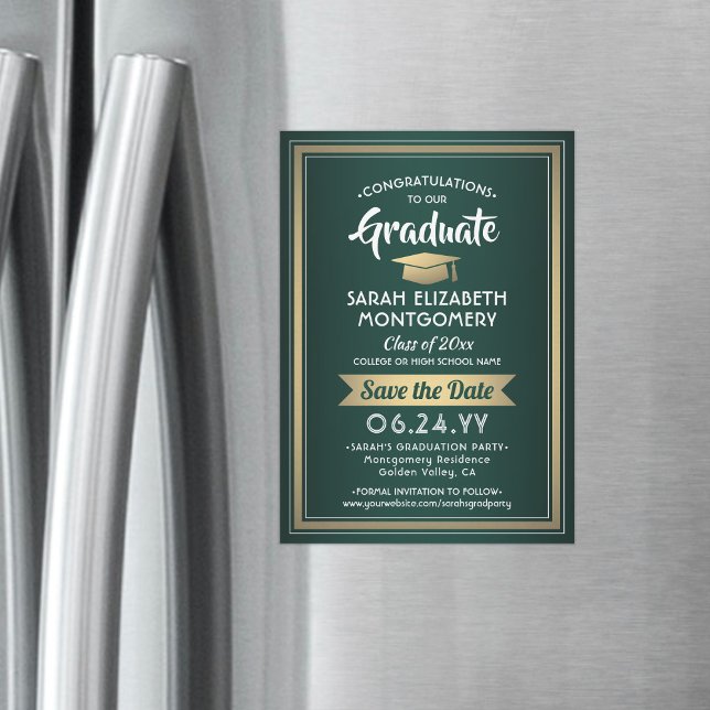 Convite Magnético Graduação Salve a Data Elegante Verde Branco Doura (Criador carregado)