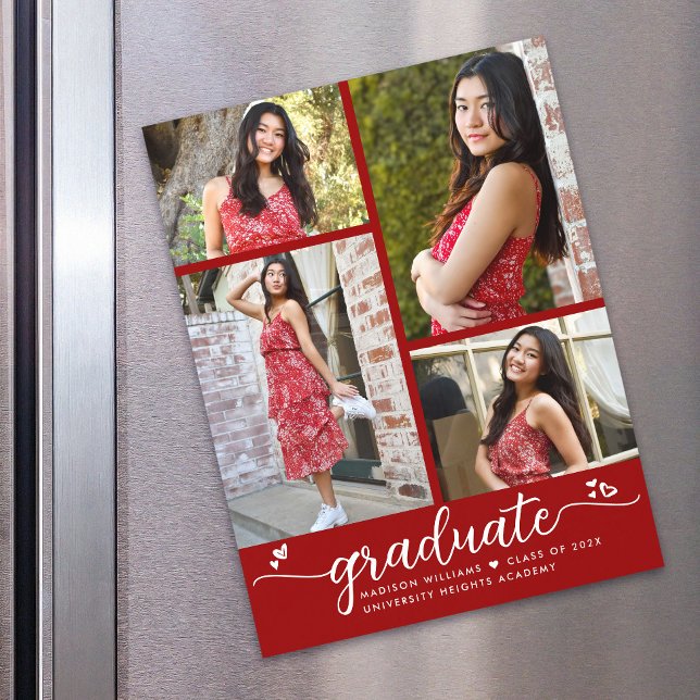 Convite Magnético Graduação Vermelha 4 Fotos Script Corações Moderno (Criador carregado)